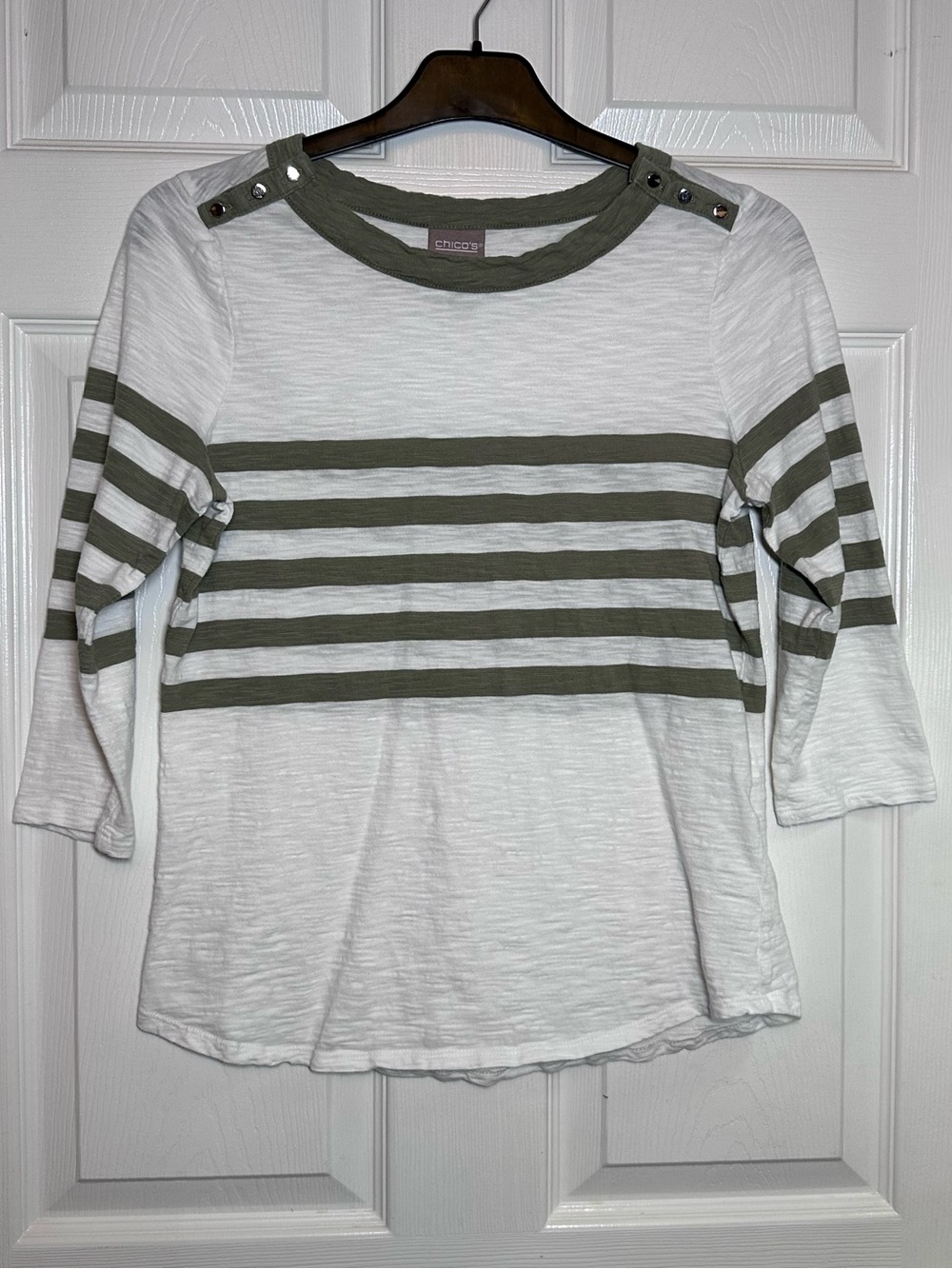 Chico's 0 Cotton Shirt US Size 4 Small White Green Stripe 3/4 Sleeves Boat Neck